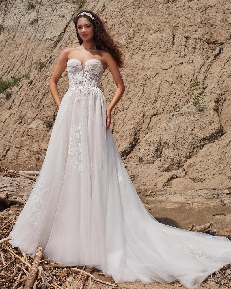 La24123 strapless a line wedding dress with lace and detachable sleeves3